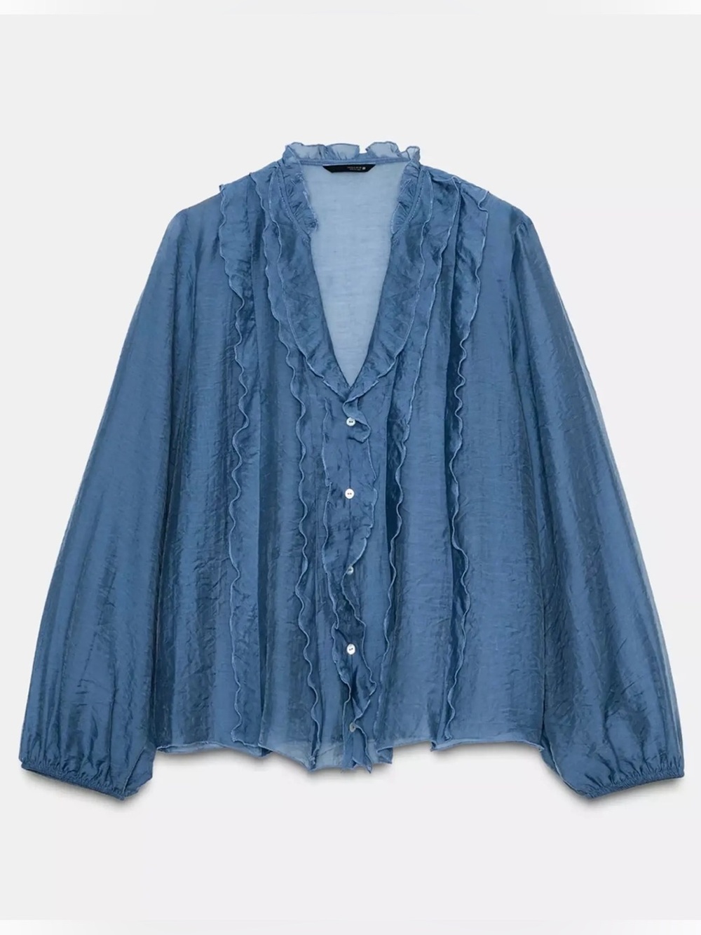 Zara | Blue Button Down Ruffle Blouse, M NWT